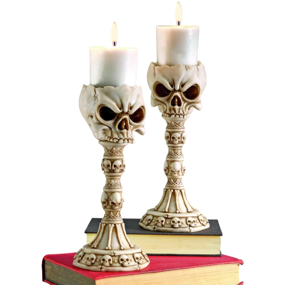 Skull and Bones Sculptural Candlesticks, Set of Two, 10 Inch, Antique Ivory